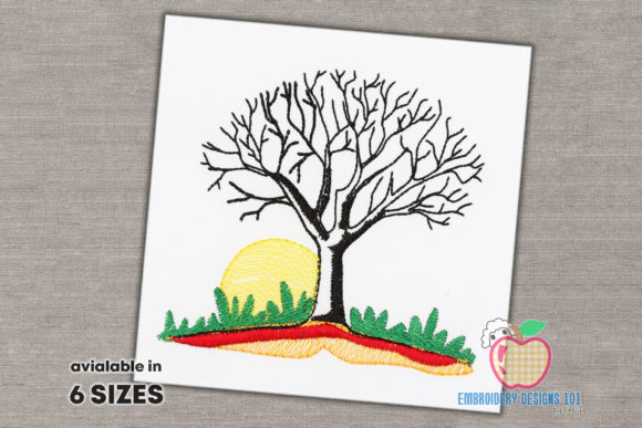 Bare Tree Without Leaves at Sunset: A Seasonal Embroidery Gem