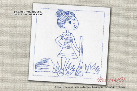 Female Hunter with Gun Redwork: A Bold Embroidery Design